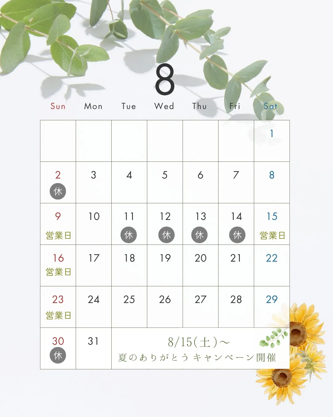 8月の営業日のおしらせ🌿